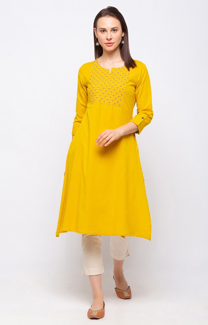Ethnicity | Mustard Cotton Three-Fourth Fashion Women Kurta 0