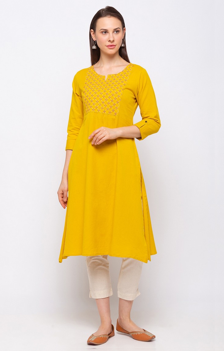 Ethnicity | Mustard Cotton Three-Fourth Fashion Women Kurta 1