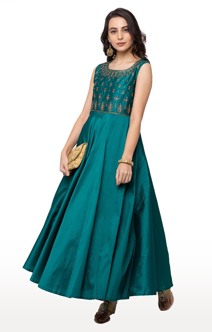 Ethnicity Blended Maxi Women Green Gown