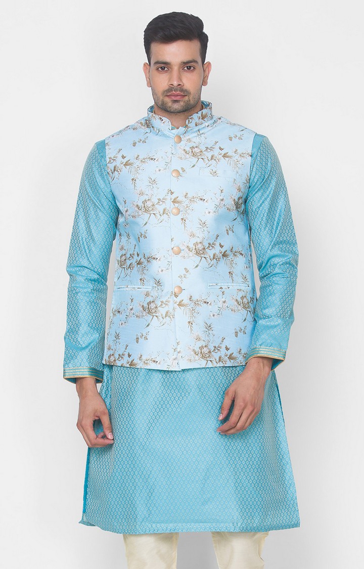 Ethnicity | Sky Blue Printed sleeveless jacket 0