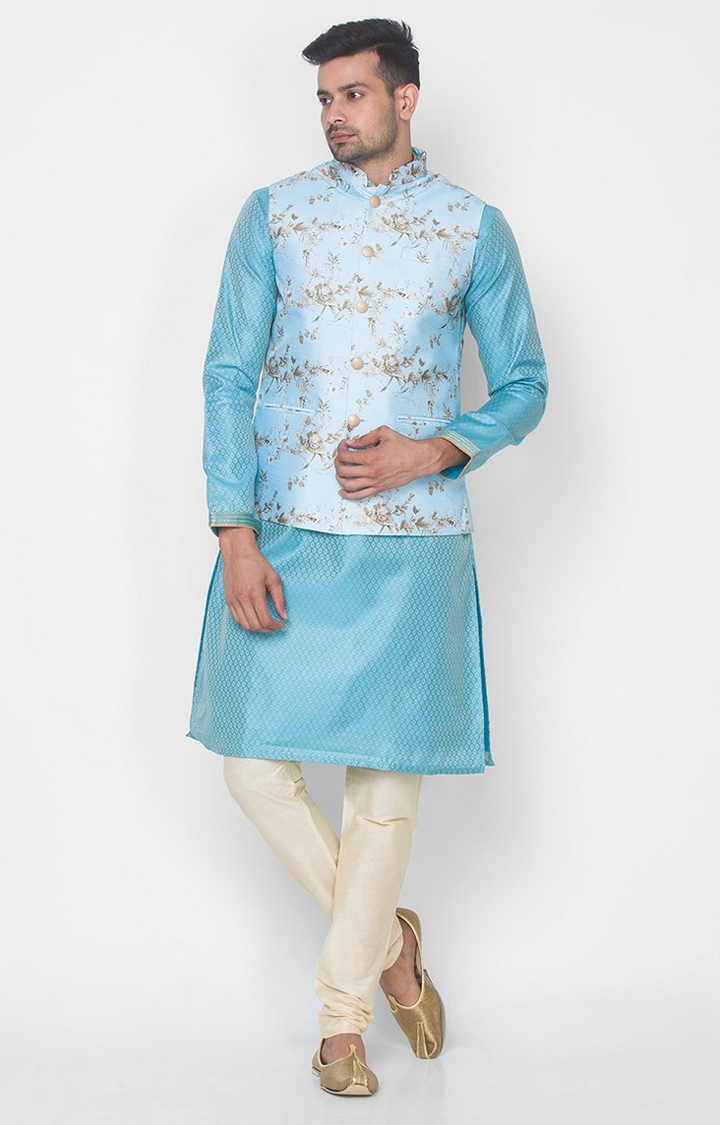 Ethnicity | Sky Blue Printed sleeveless jacket 1