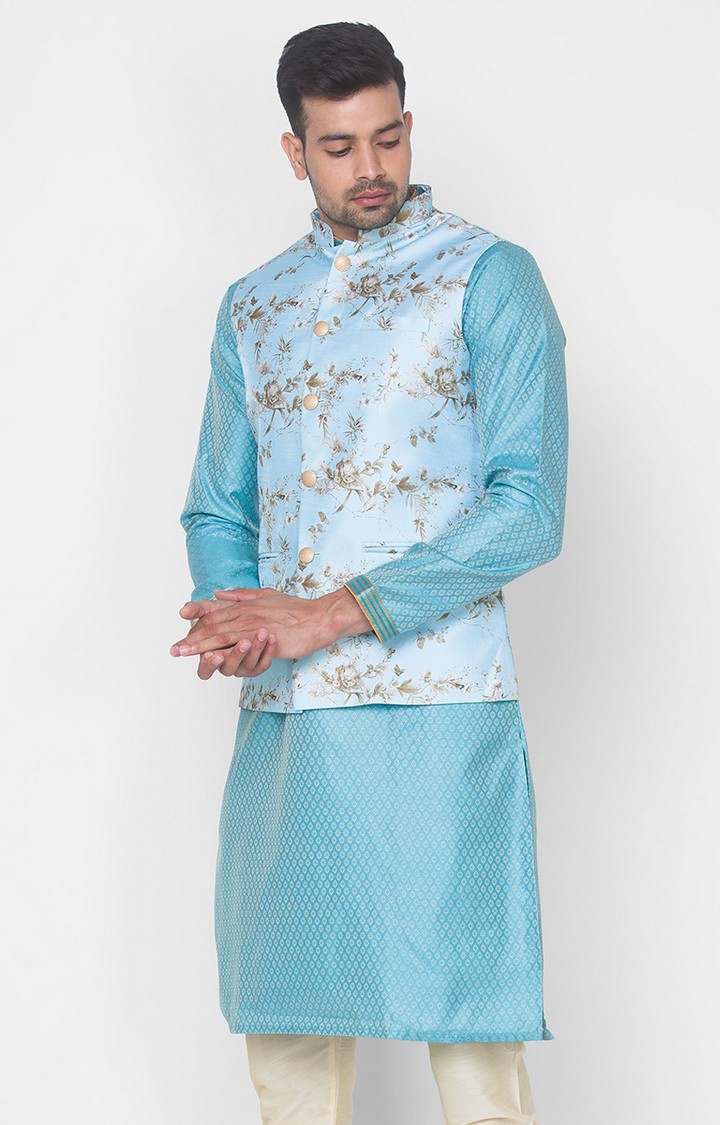Ethnicity | Sky Blue Printed sleeveless jacket 2