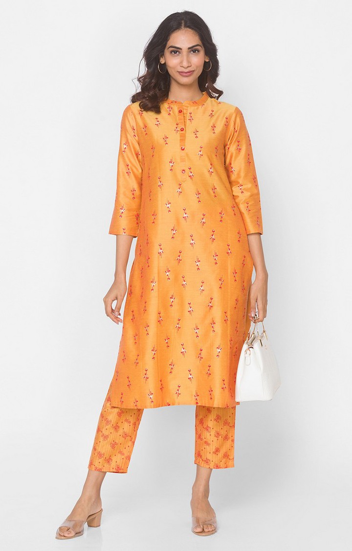 Orange Art Silk Three-Fourth Occasion Women Kp Set