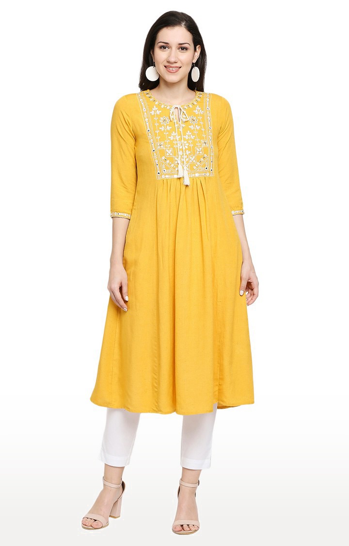 Ethnicity Ladies Ethnicwear Regular Fit Embroidery Rayon Flax Mnm Kurta | Mustard- L