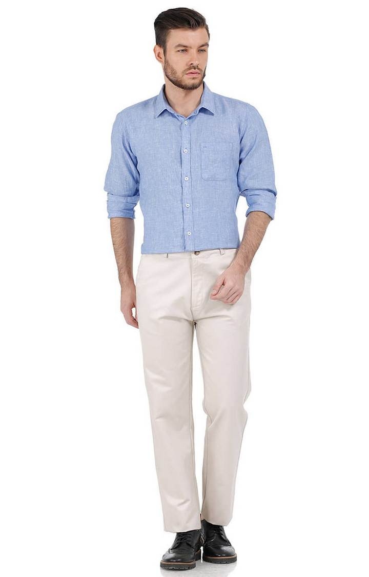 Basics | Men's Beige Cotton Blend Solid Chinos 1