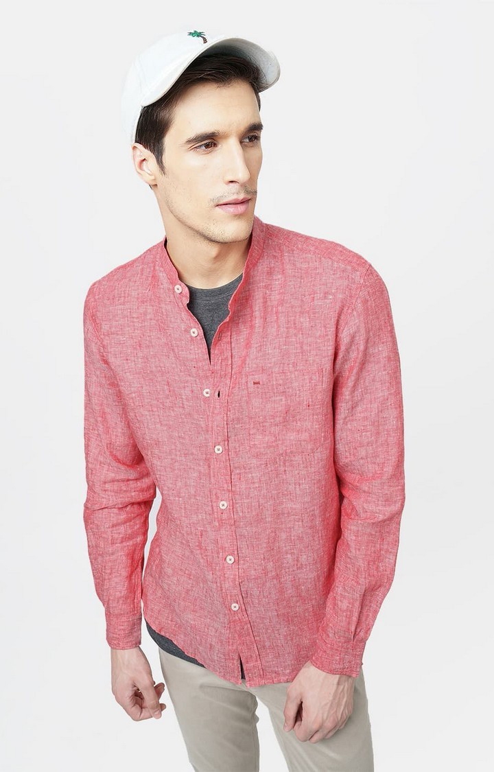 Basics | Men's Red Linen Solid Casual Shirts 0