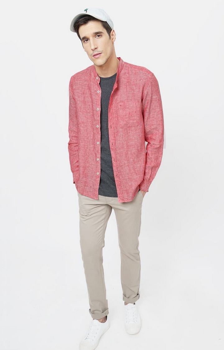 Basics | Men's Red Linen Solid Casual Shirts 1
