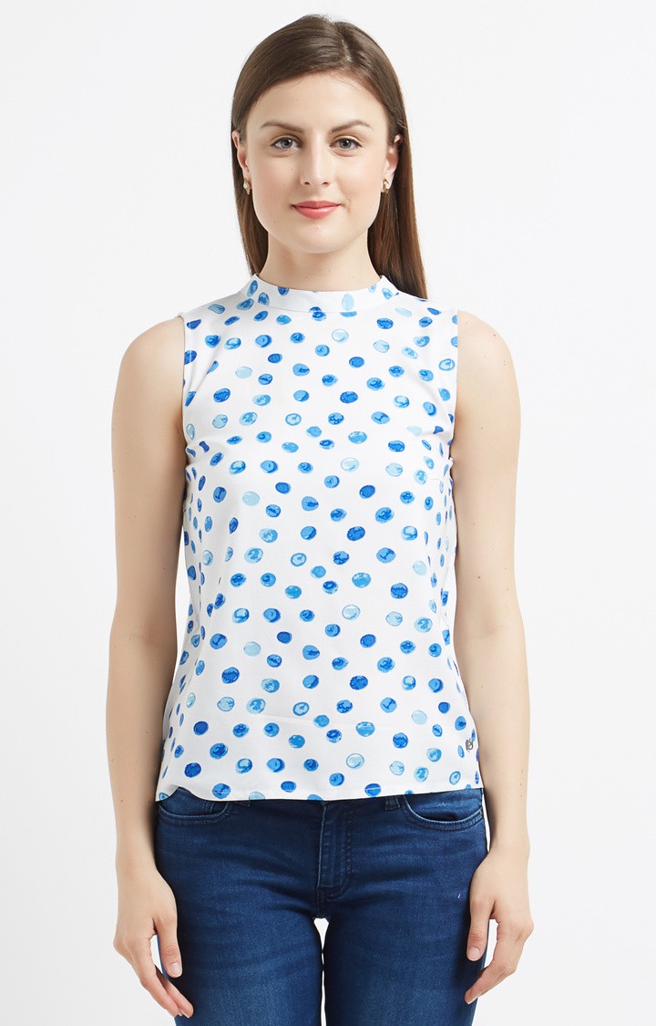 Women's Blue Viscose Polka dots Blouson Top