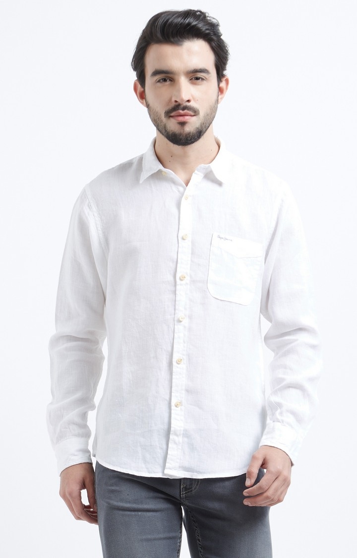 Pepe Jeans | Men's White Linen Solid Casual Shirts 0