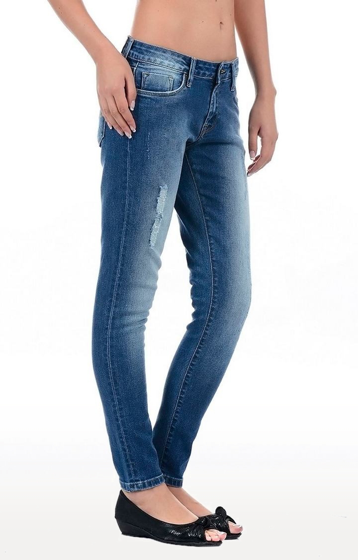Women's Blue Cotton Blend Slim Jeans