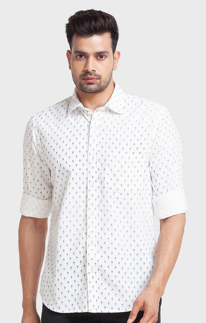 ColorPlus White Print Tailored Fit Casual Shirts For Men