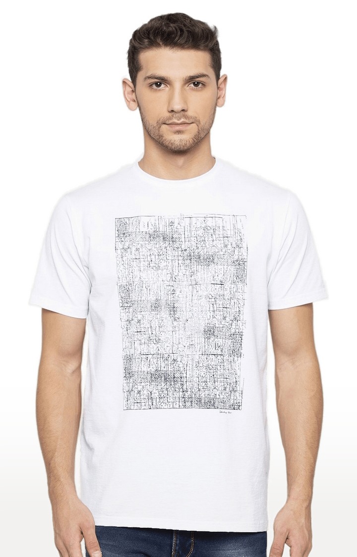 Men's White Cotton Typographic Printed Regular T-Shirt