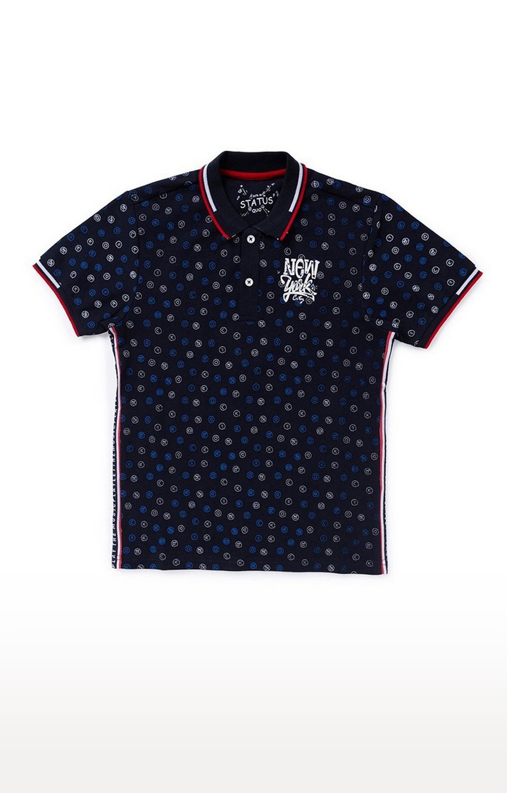 Boy's Blue Cotton Printed Polos