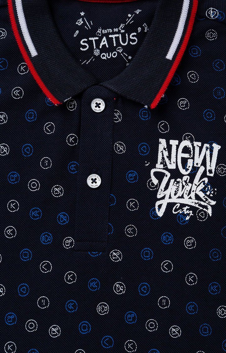 Boy's Blue Cotton Printed Polos