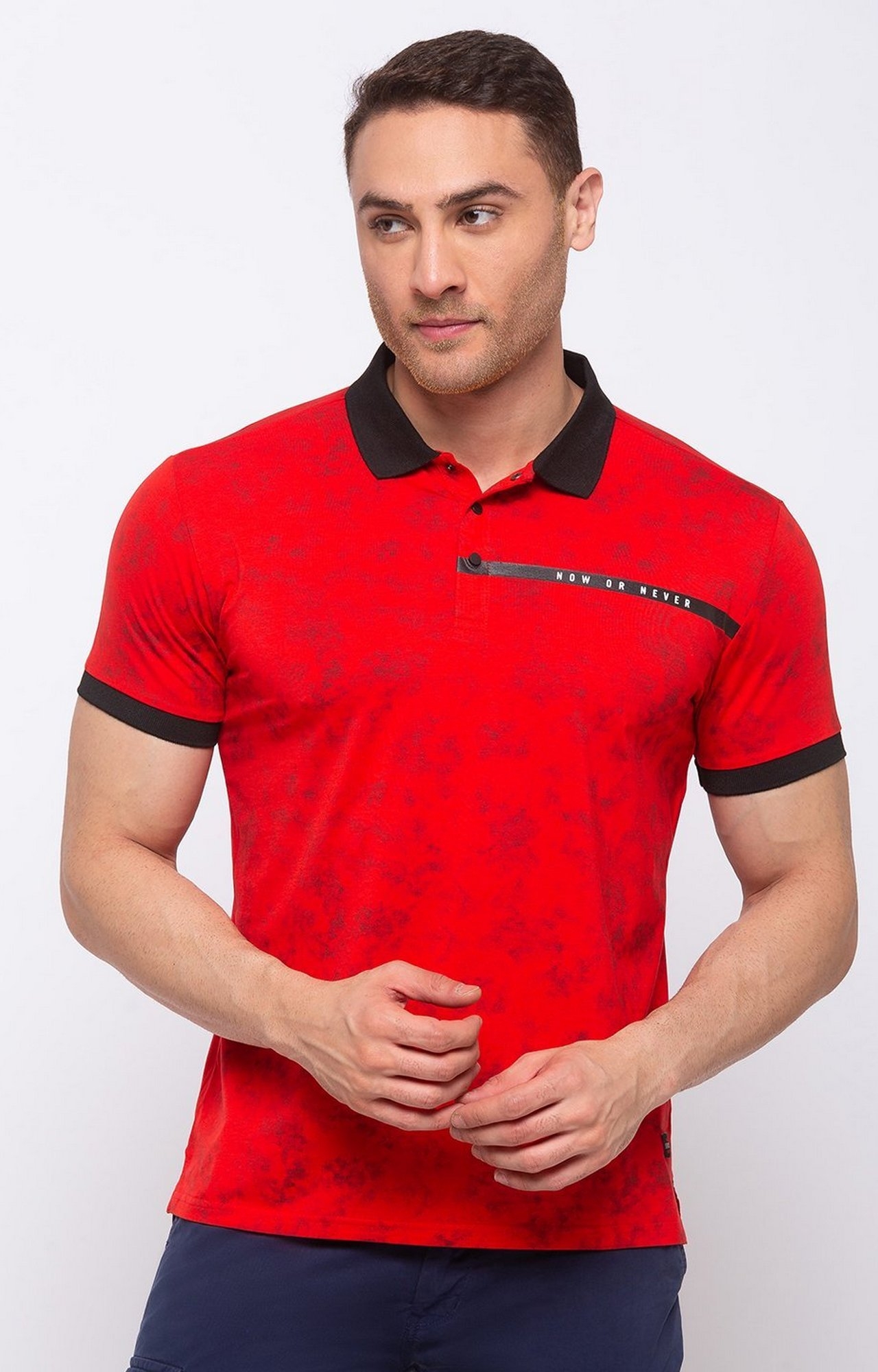 Status Quo | Men's Red Cotton Blend Printed Polos 0