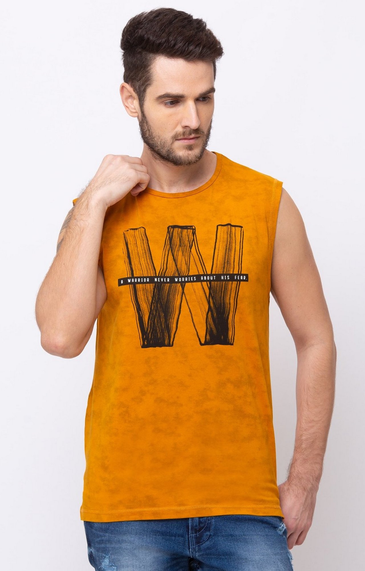 Status Quo | Men's Mustard Polycotton Typographic Printed Regular T-Shirt 0