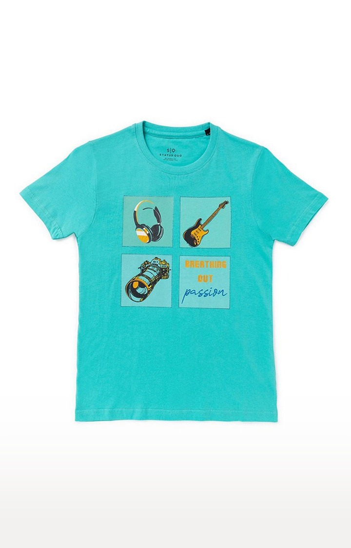 Boys Green Cotton Printeded Regular T-Shirt