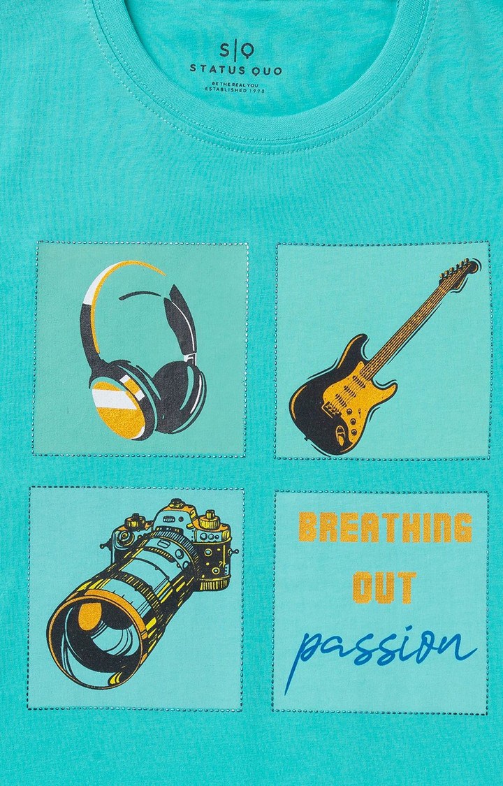 Boys Green Cotton Printeded Regular T-Shirt