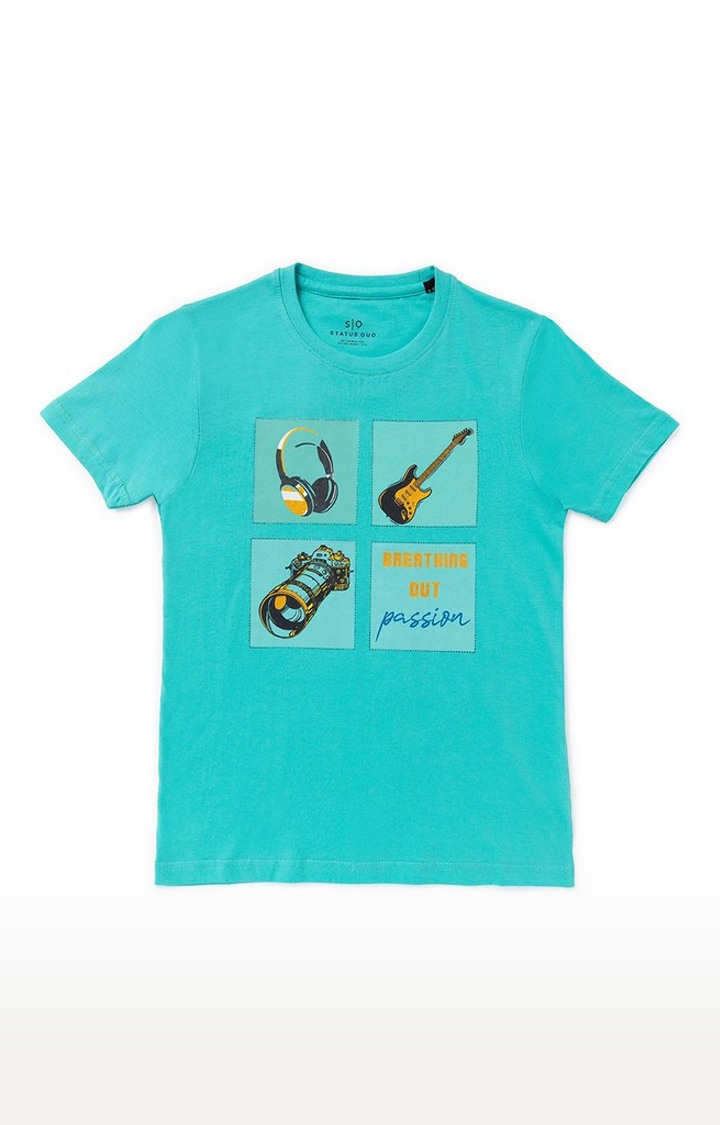 Boys Green Cotton Printeded Regular T-Shirt