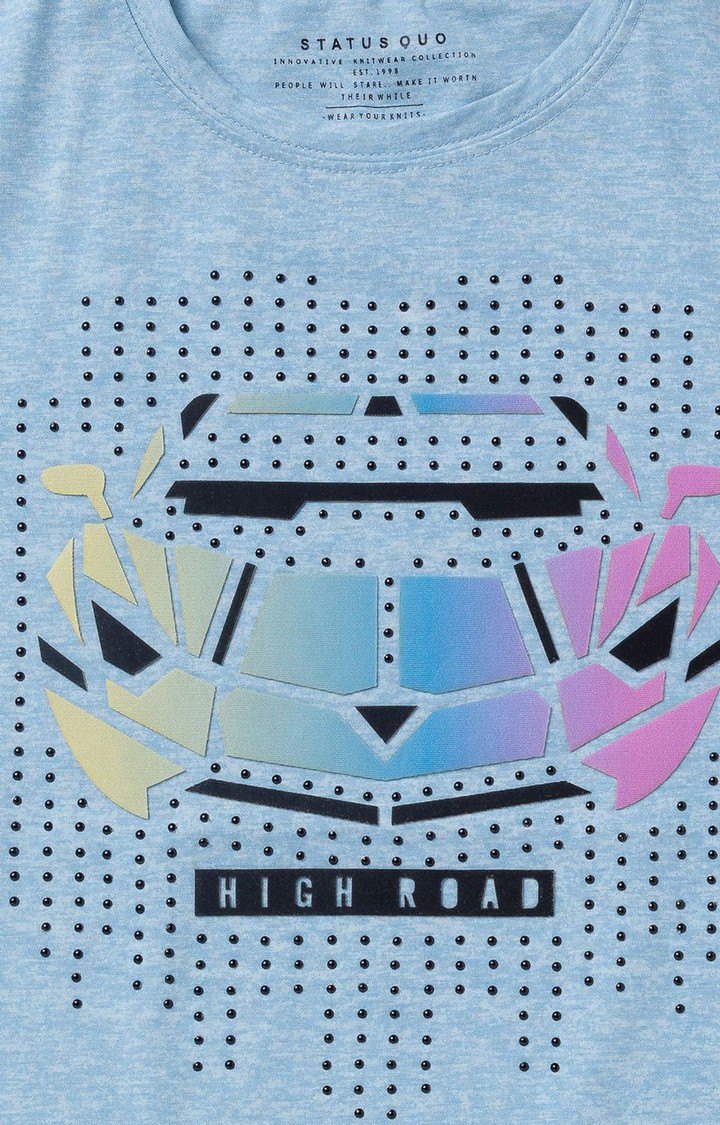 Boys Blue Cotton Printeded Regular T-Shirt