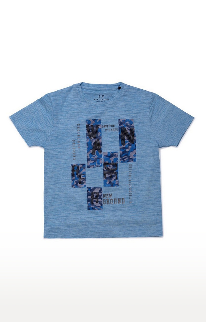 Status Quo | Boys Blue Cotton Melange Textured Regular T-Shirt 0