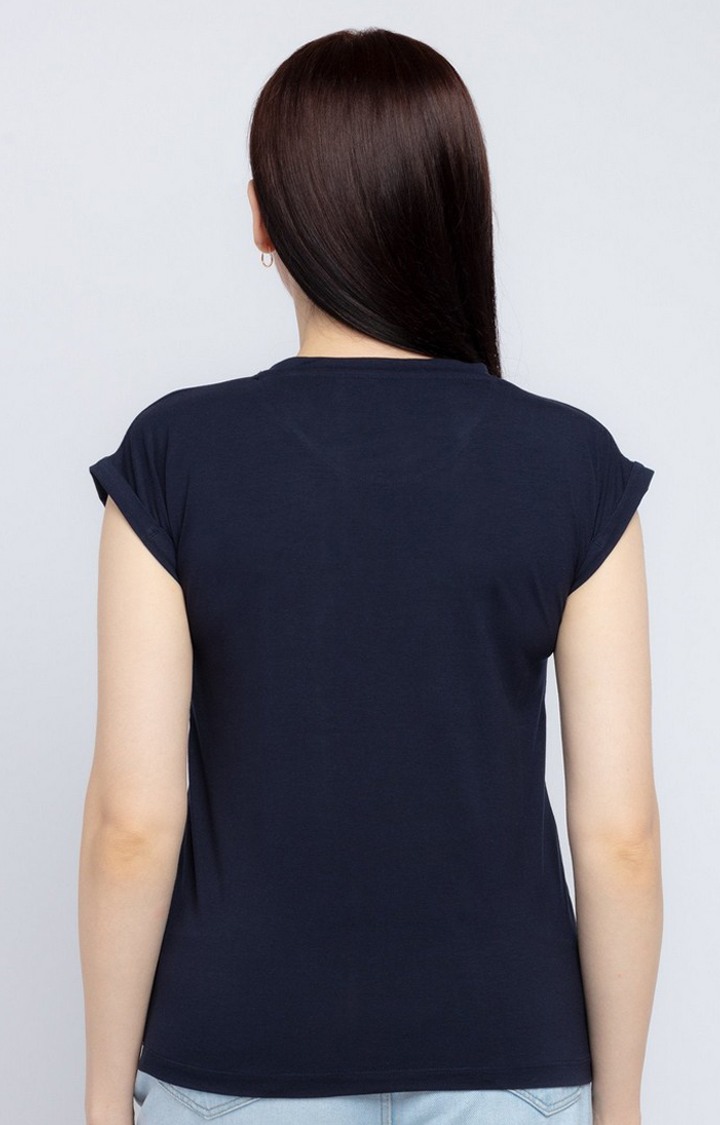 Women's Navy Blue Cotton Printeded Regular T-Shirt