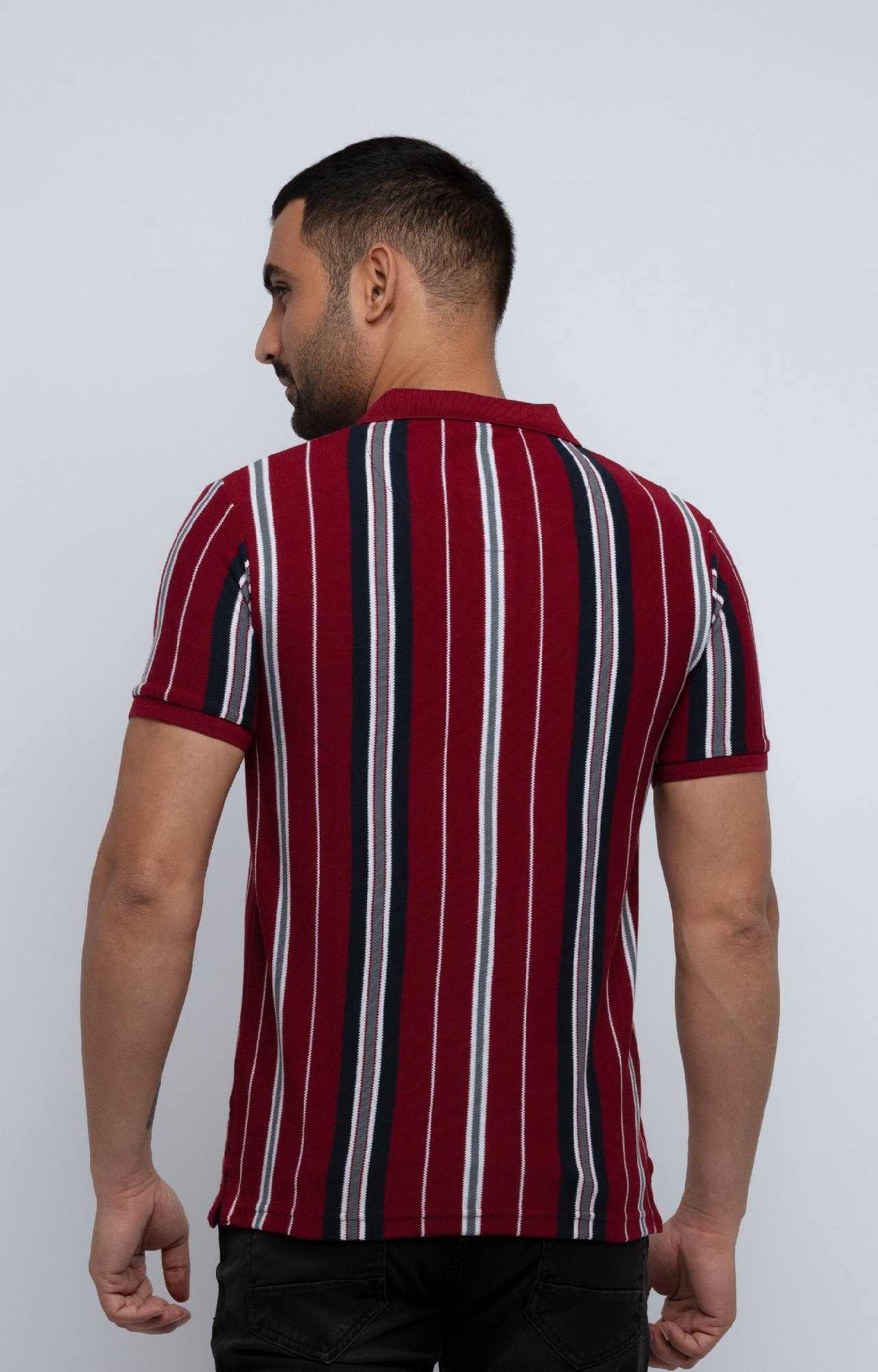 Men's Red Cotton Striped Polos