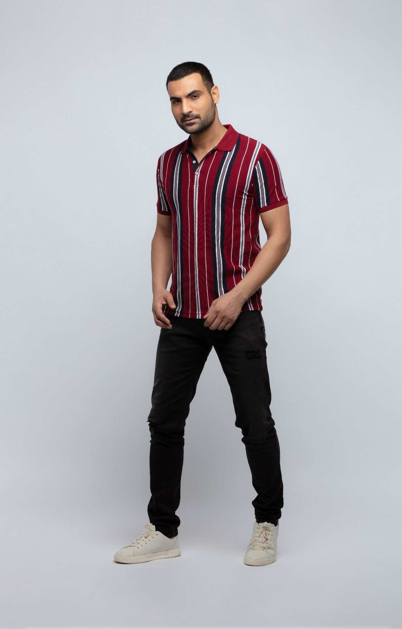 Men's Red Cotton Striped Polos