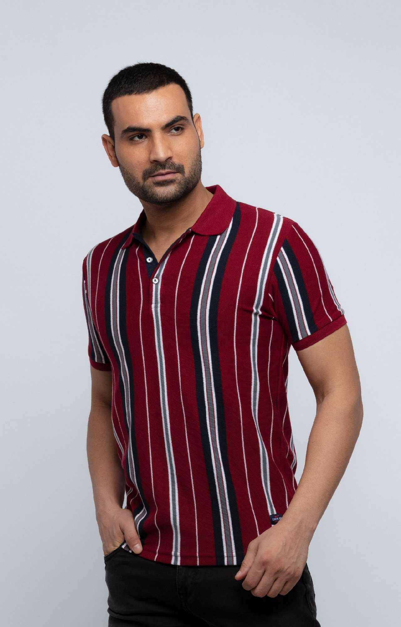 Men's Red Cotton Striped Polos