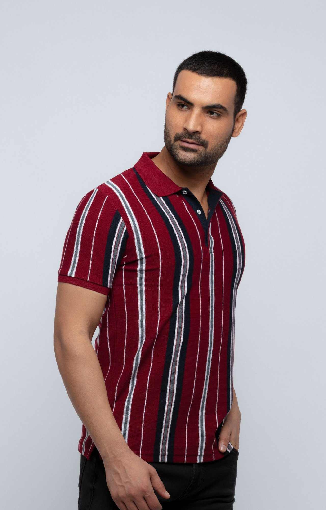 Men's Red Cotton Striped Polos