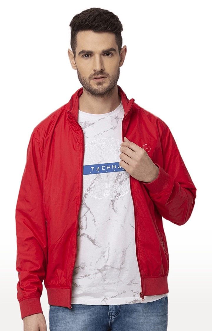 Men's Red Polyester Solid Windcheater