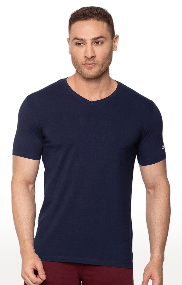 Status Quo | Men's Navy Blue Cotton Solid Regular T-Shirt 0