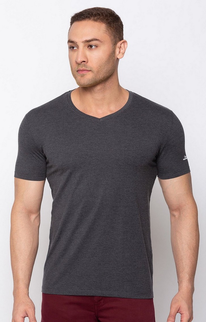 Status Quo | Men's Grey Cotton Melange Textured Regular T-Shirt 0