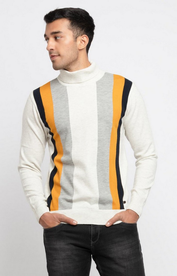 Status Quo | Men's White Polycotton Striped Sweaters 0