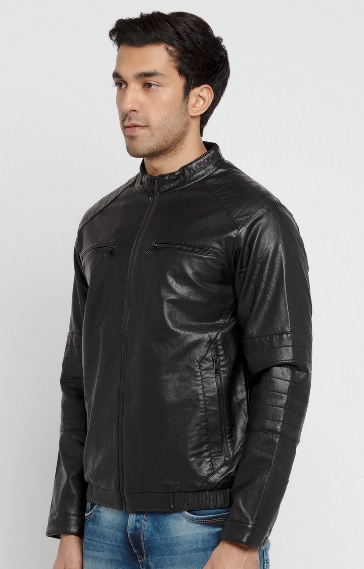 Men's Black Polycotton Solid Leather Jackets