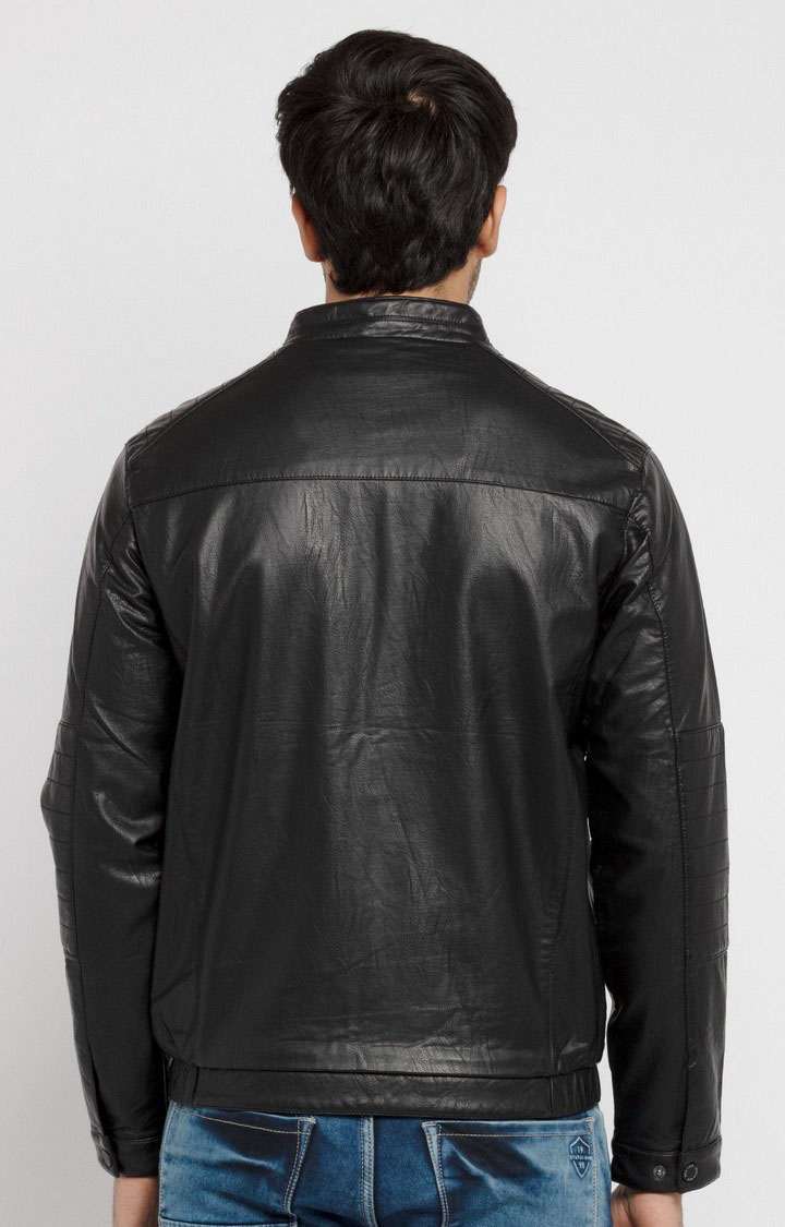 Men's Black Polycotton Solid Leather Jackets