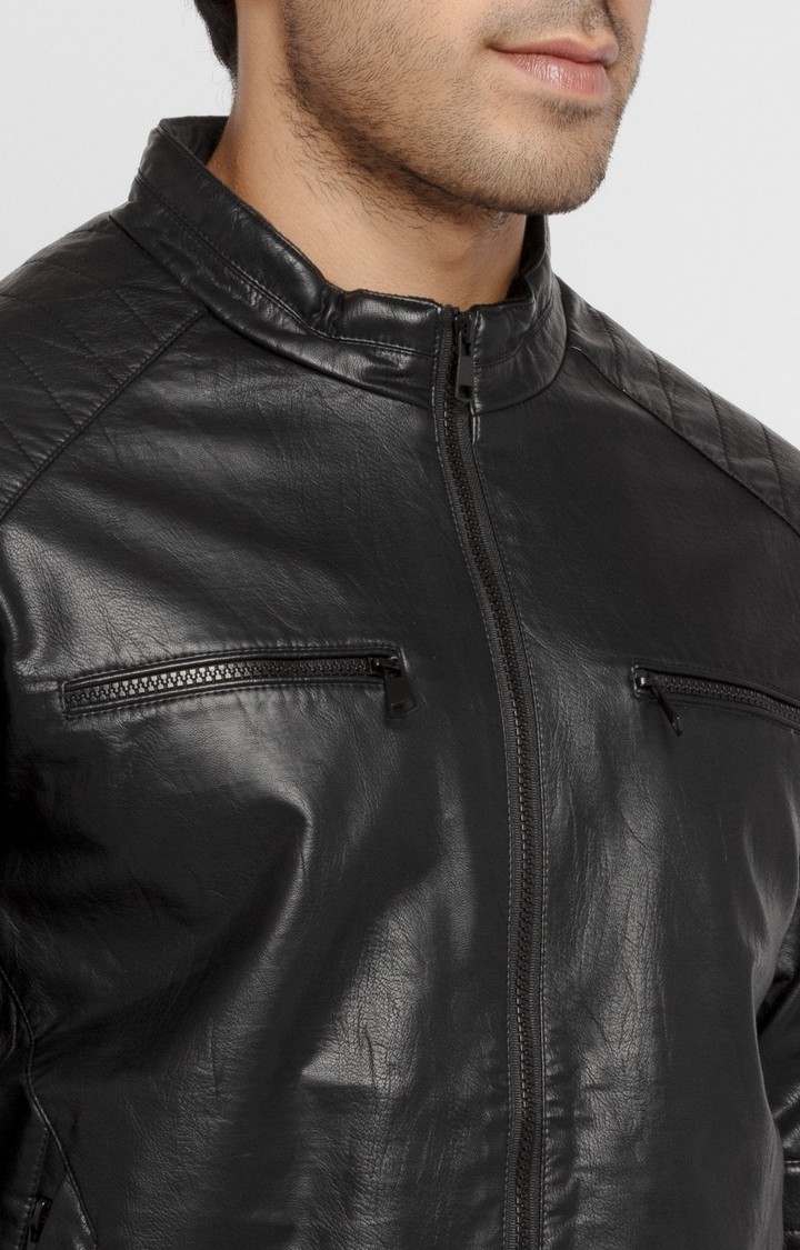 Men's Black Polycotton Solid Leather Jackets