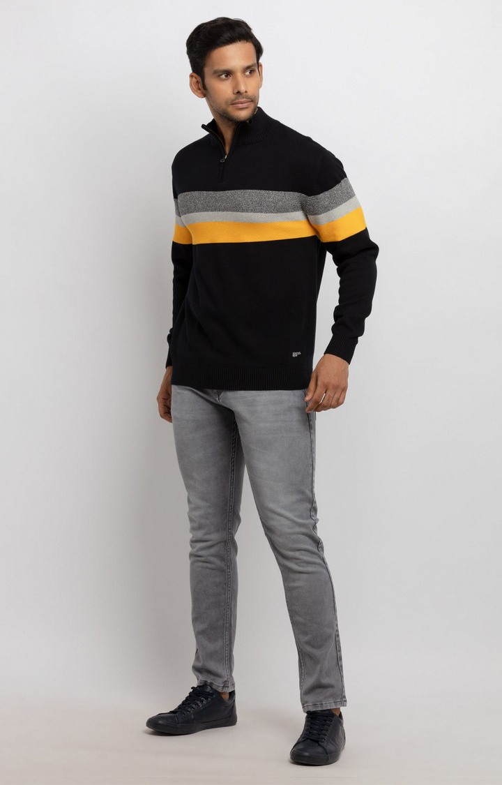 Men's Black Polyester Colourblock Sweaters