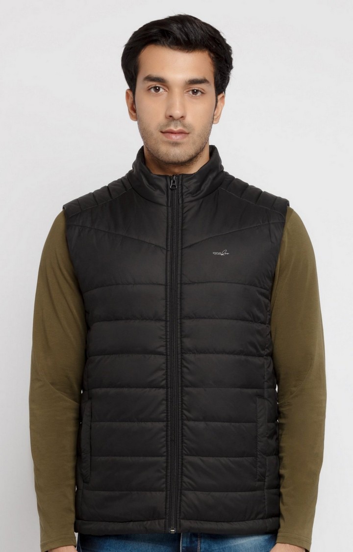 Men's Black Polyester Solid Gilet