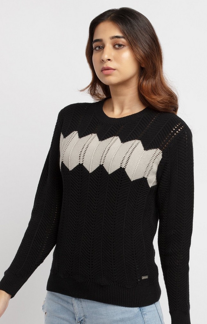 Status Quo | Women's Black Cotton Solid Sweaters 1