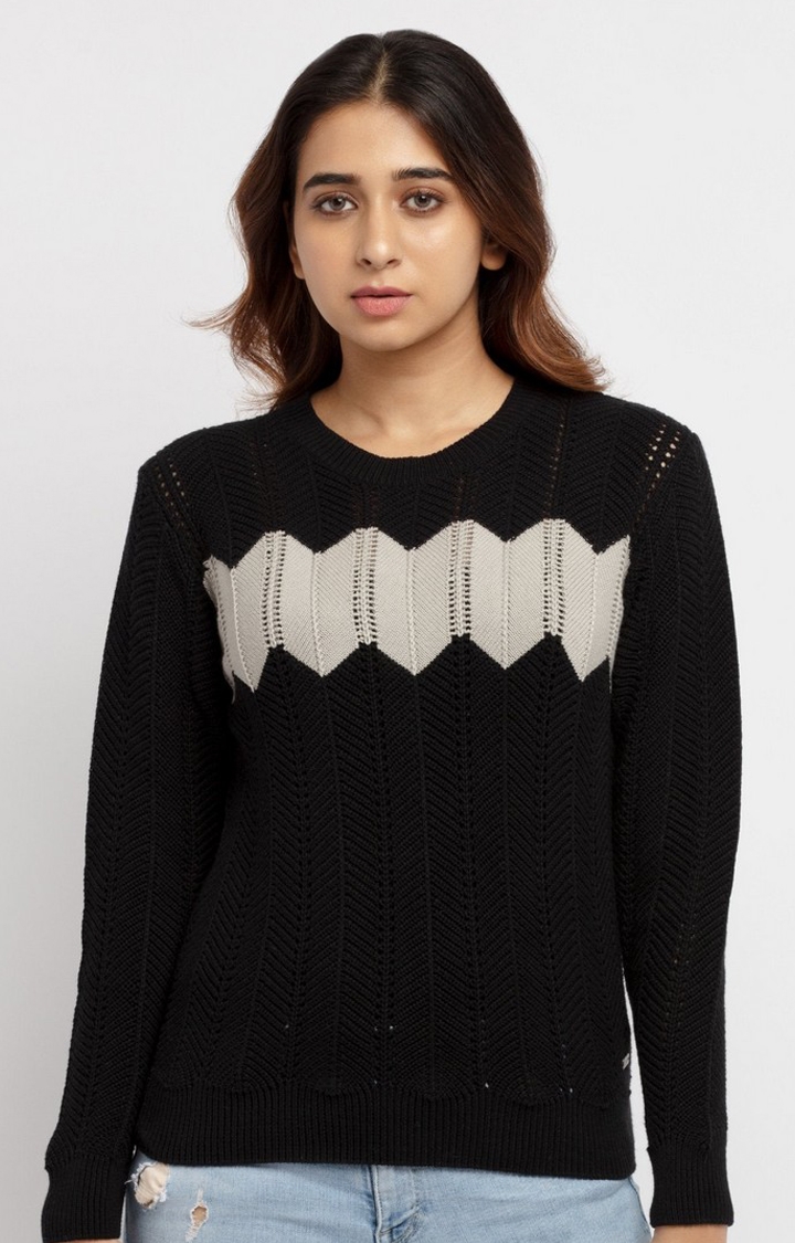 Status Quo | Women's Black Cotton Solid Sweaters 0