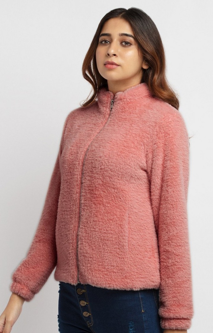 Women's Pink Polyester Solid Sweaters