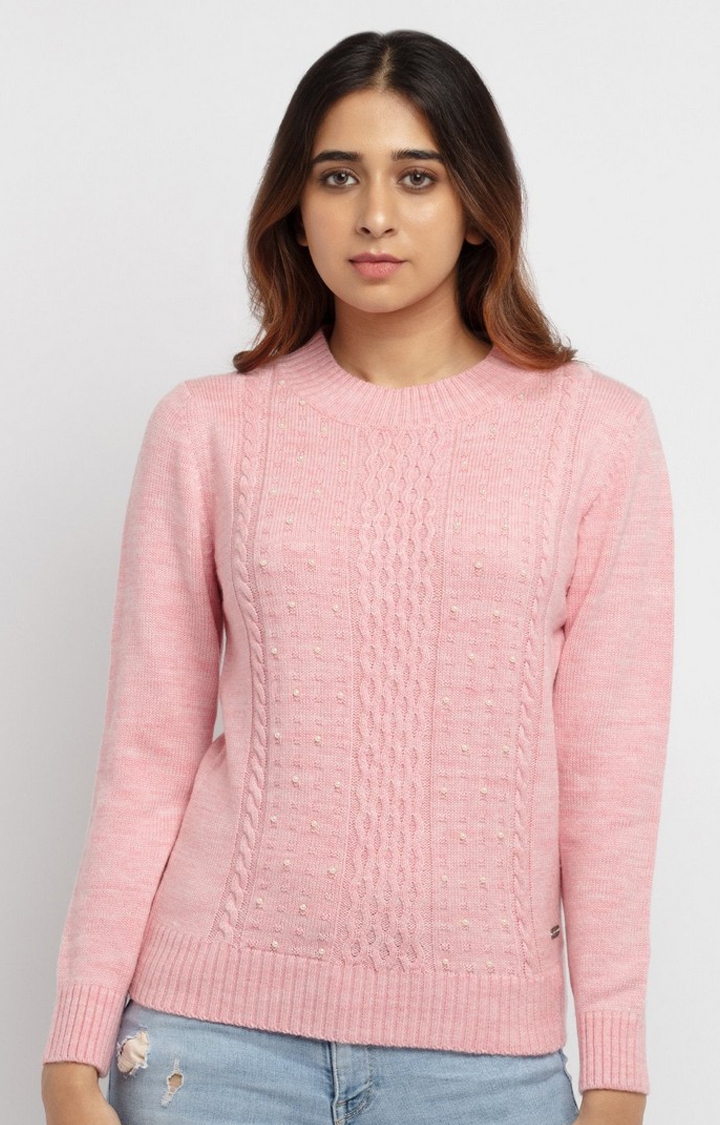 Status Quo | Women's Pink Polycotton Embellished Sweaters 0