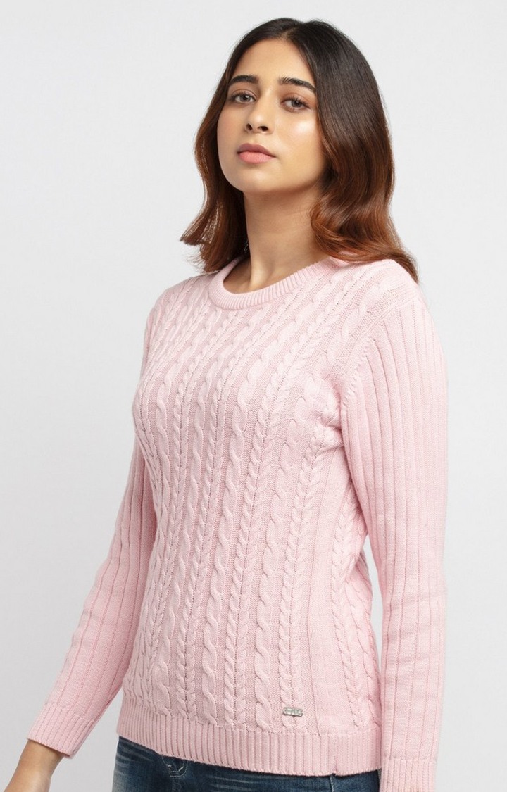 Women's Pink Cotton Textured Sweaters