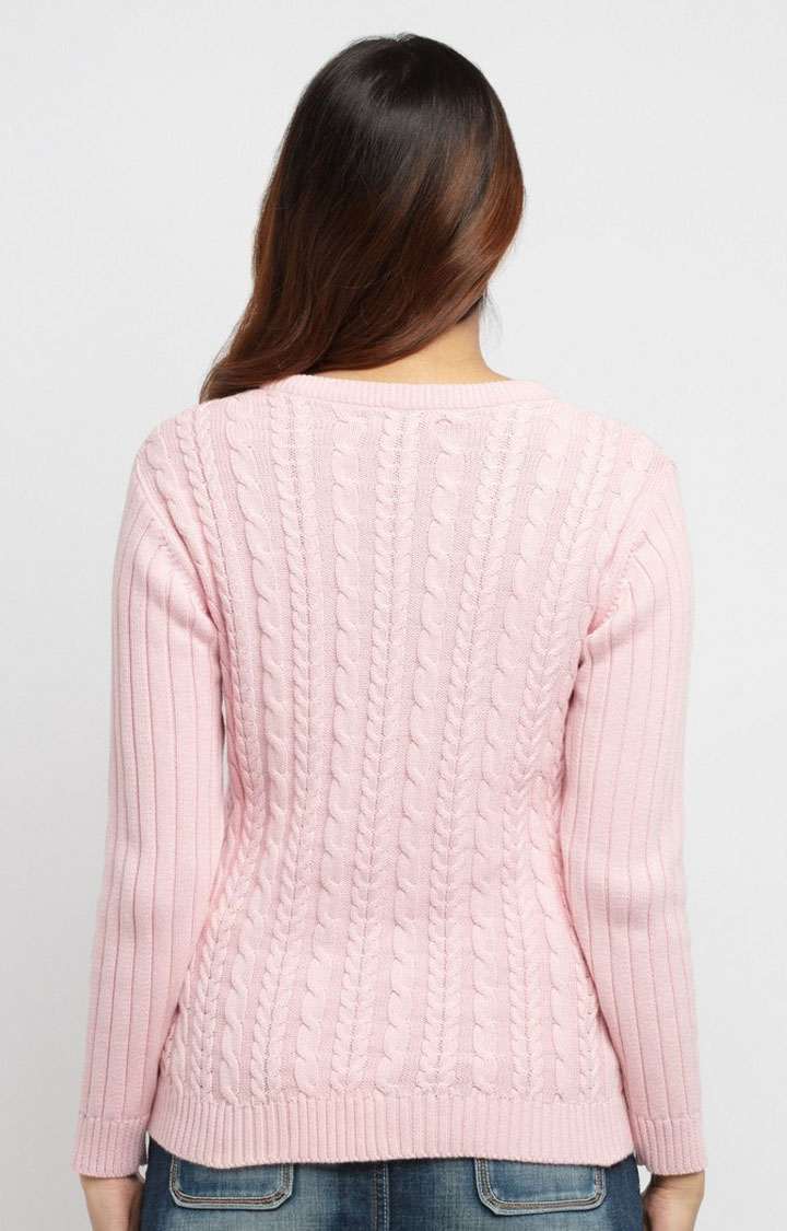 Women's Pink Cotton Textured Sweaters