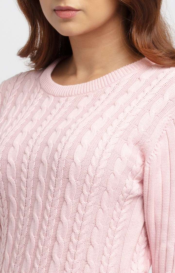 Women's Pink Cotton Textured Sweaters