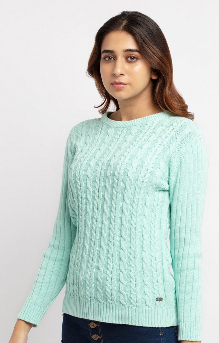 Status Quo | Women's Green Cotton Textured Sweaters 2