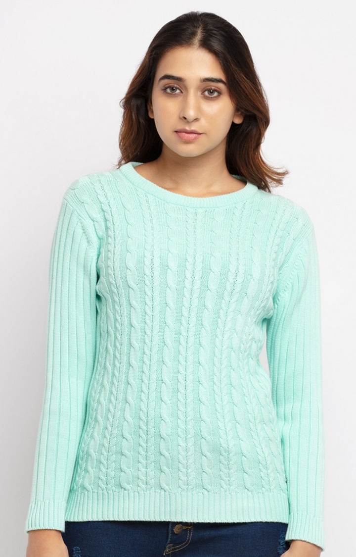 Status Quo | Women's Green Cotton Textured Sweaters 0