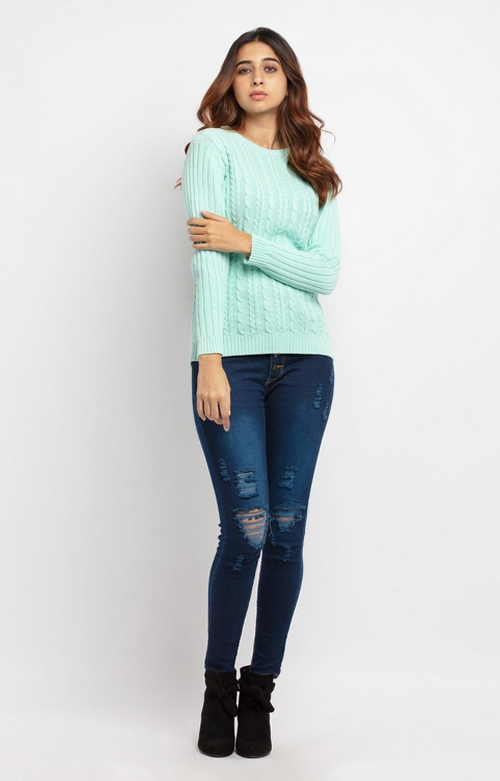 Status Quo | Women's Green Cotton Textured Sweaters 1