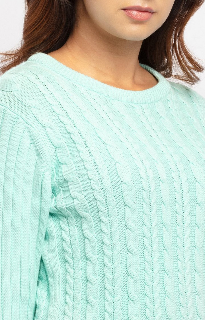 Status Quo | Women's Green Cotton Textured Sweaters 4